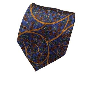 Men's 100% Silk Tie Dark Blue With Floral Vines And Swirls made in Italy